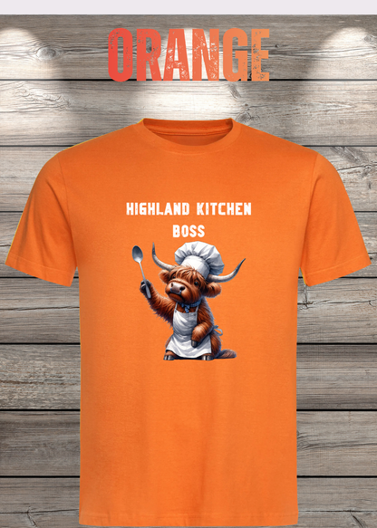 Unisex-T-Shirt „Highland Kitchen Boss“ in Orange.