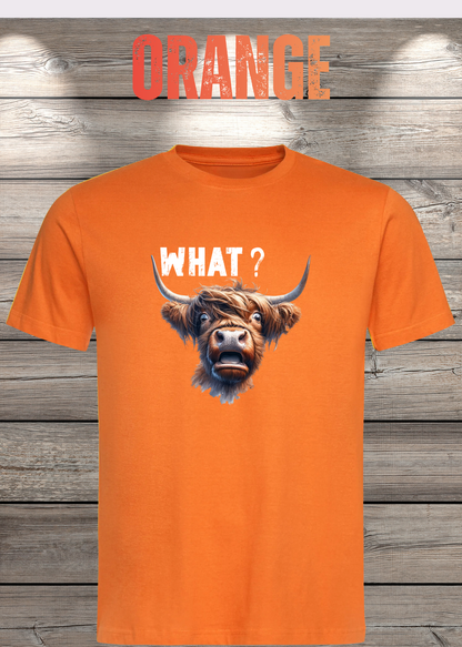 Unisex-T-Shirt „WHAT?“ in Orange.