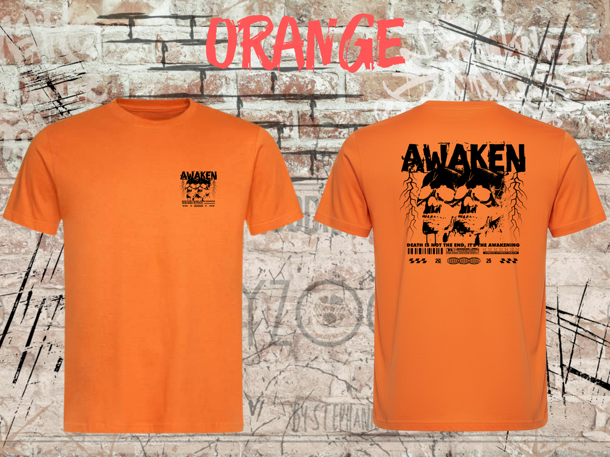Unisex-T-Shirt „Awaken the Death“ in Orange, Vorder- und Rückseite.