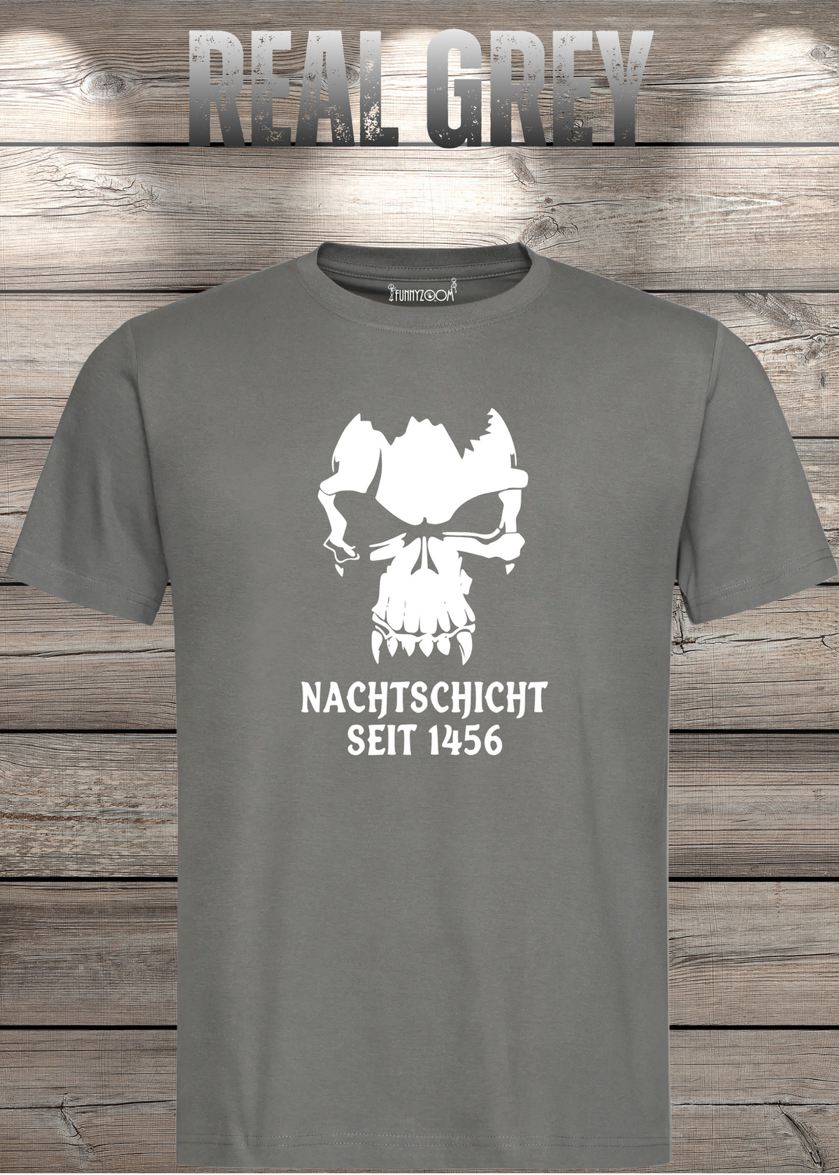 Gothic T-Shirt Skull Totenkopf Vampir Nachtschicht seit 1456 in Real Grey.