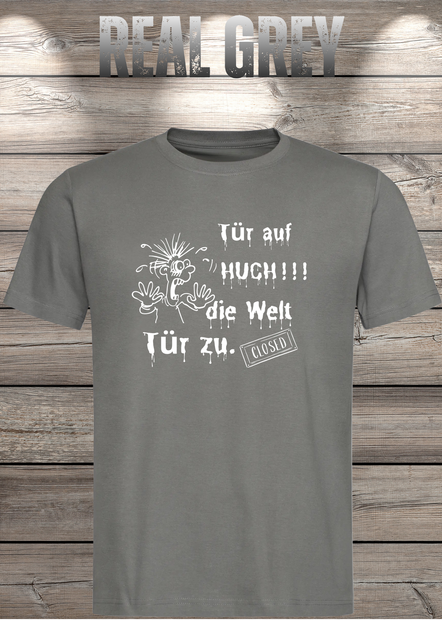T-Shirt 'Tür auf huch die Welt Tür zu' - Witziges Spruch-Shirt für Introvertierte