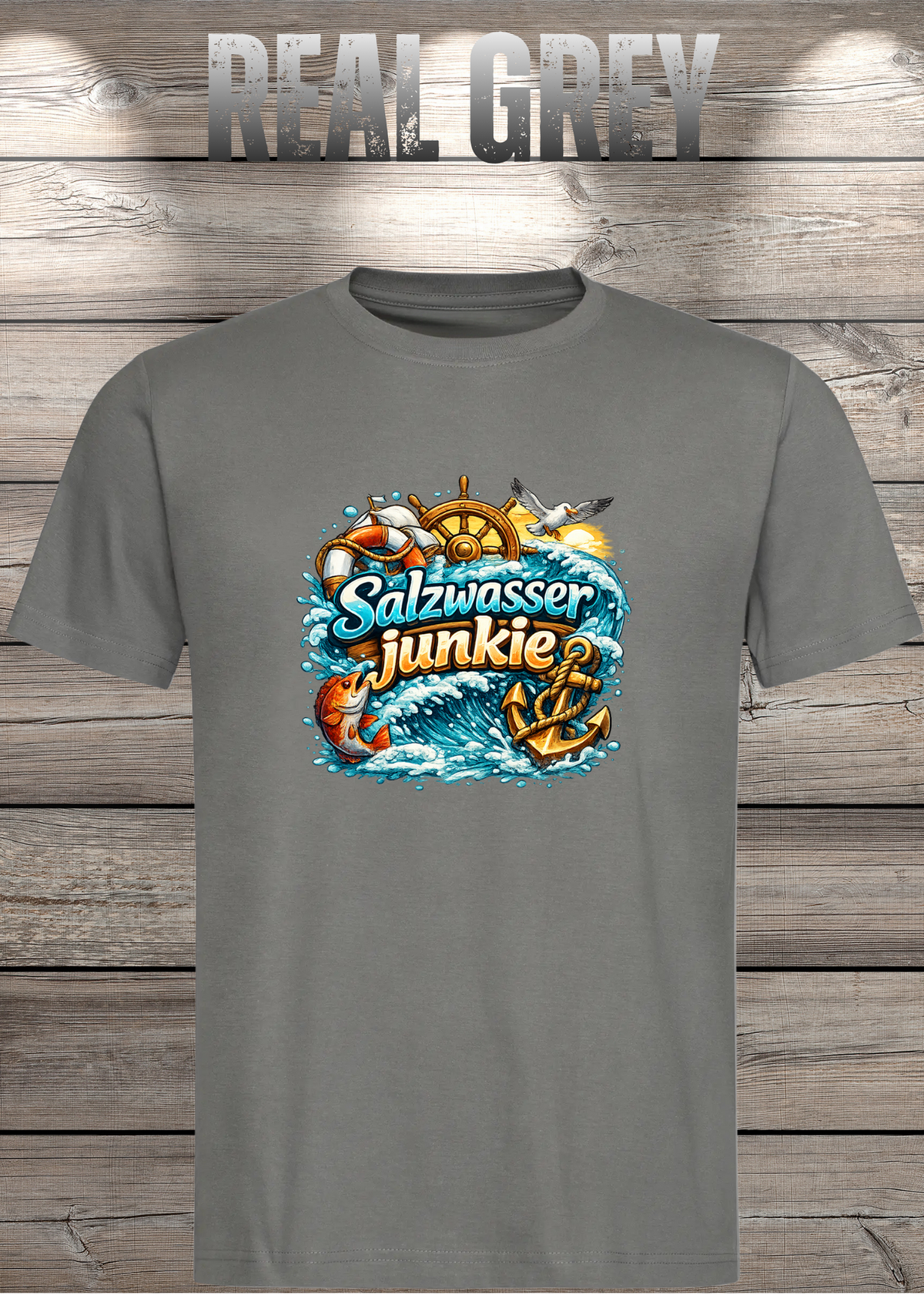 Salzwasser-Junkie Unisex T-Shirt in Real Grey.