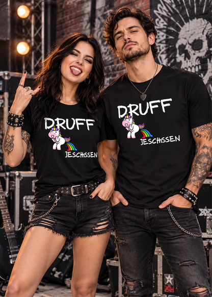 Druff jeschissen – Lustiges Unisex T-Shirt mit Einhorn