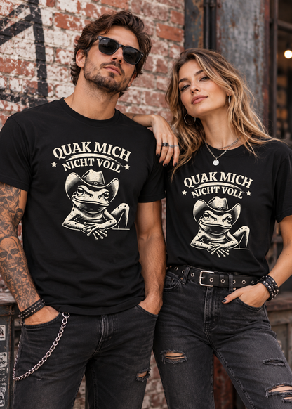Frau und Mann mit schwarzem Unisex T-Shirt – Quak mich nicht voll Cowboy-Frosch – FunnyZoom