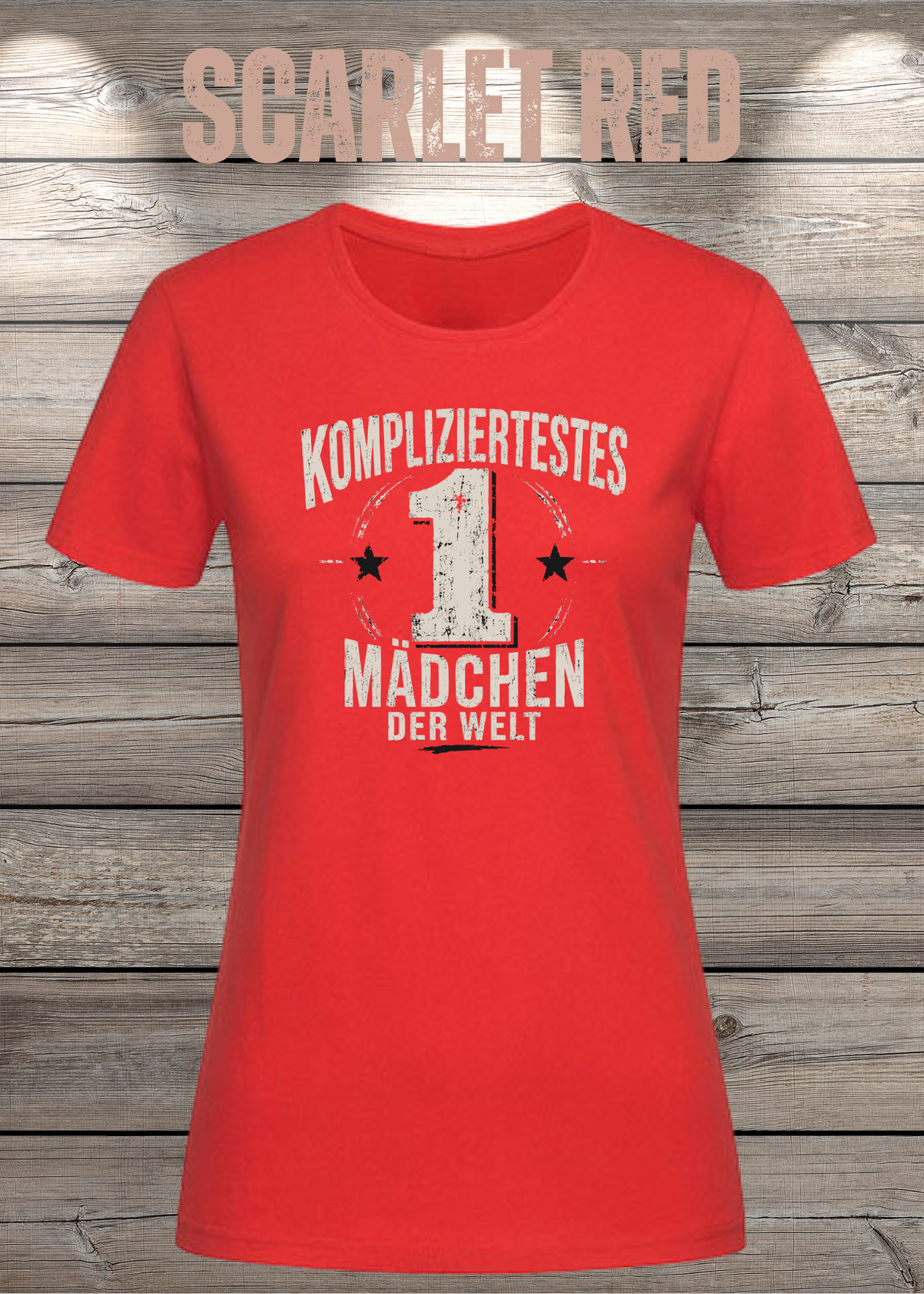Damen-T-Shirt „Kompliziertestes Mädchen der Welt“ in Scarlet Red.