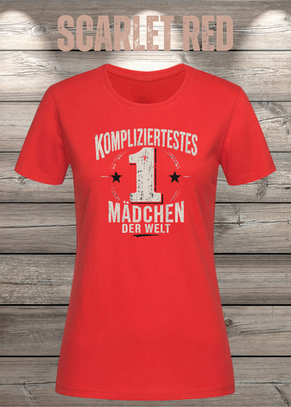 Damen-T-Shirt „Kompliziertestes Mädchen der Welt“ in Scarlet Red.