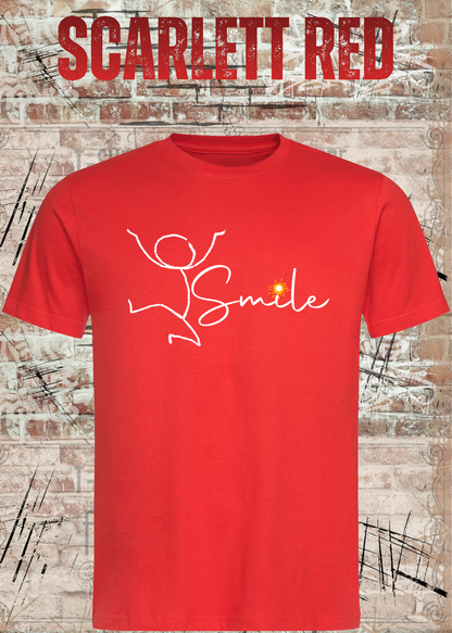 Smile Shirt – Minimalistisches Unisex T-Shirt mit Positive Vibes Design in Scarlet Red.