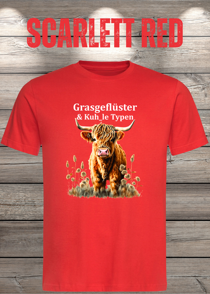 Unisex-T-Shirt „Grasgeflüster & Kuh_le Typen“ in Scarlet Red.