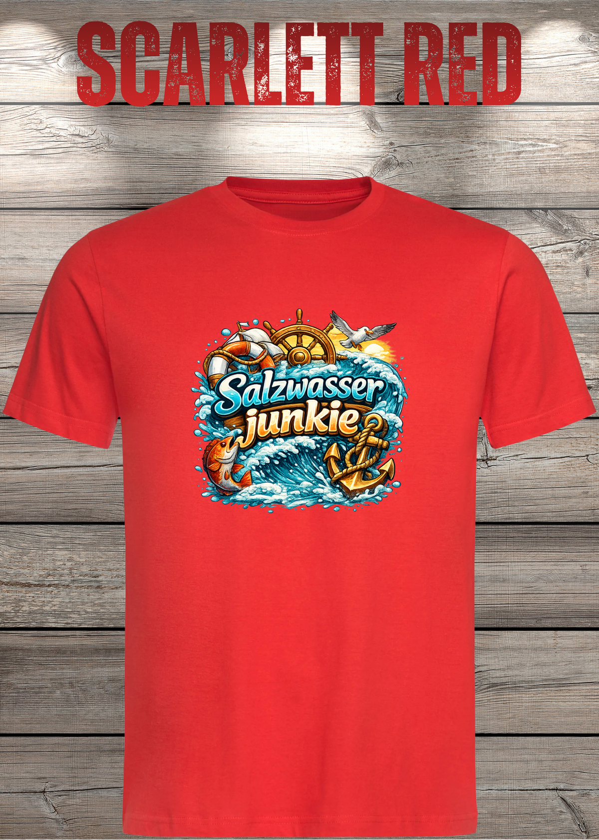 Salzwasser-Junkie Unisex T-Shirt in Scarlet Red.
