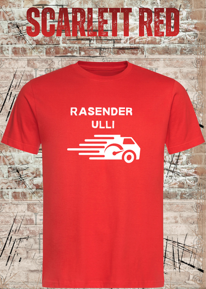 Paketfahrer T-Shirt mit Wunschname – Rasender Wunschname in Scarlet Red.