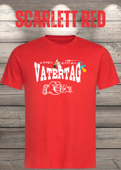 Herren T-Shirt für Papas mit Jungs Unser erster Vatertag Partnerschirt Vater Sohn T-Shirt in Scarlet Red.