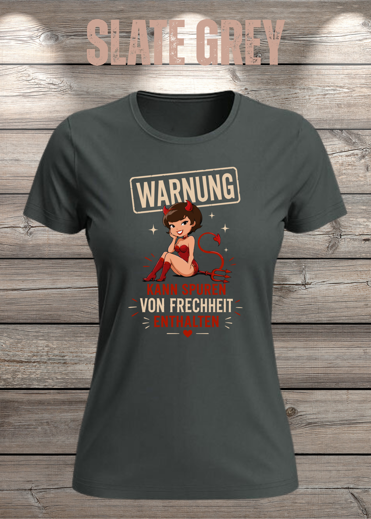 Lustiges Damen T-Shirt "WARNUNG – Kann Spuren von Frechheit enthalten" | Teufelchen Pin-up | Fun Shirt