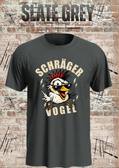 Unisex-T-Shirt „Schräger Vogel“ in Slate Grey.