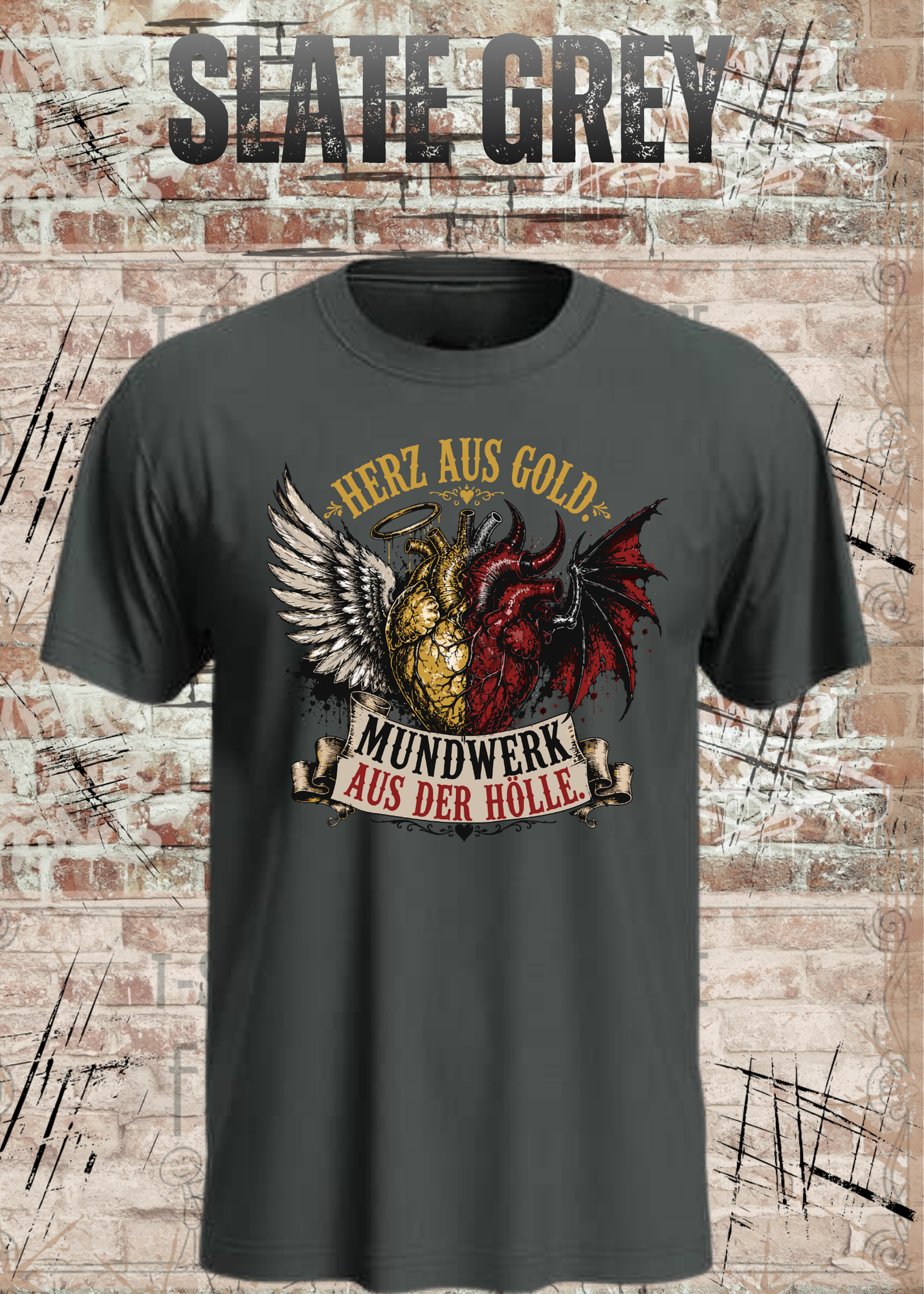 Herz aus Gold T-Shirt – Mundwerk aus der Hölle Shirt mit Engel & Teufel Motiv