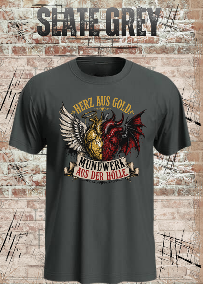 Herz aus Gold T-Shirt – Mundwerk aus der Hölle Shirt mit Engel & Teufel Motiv