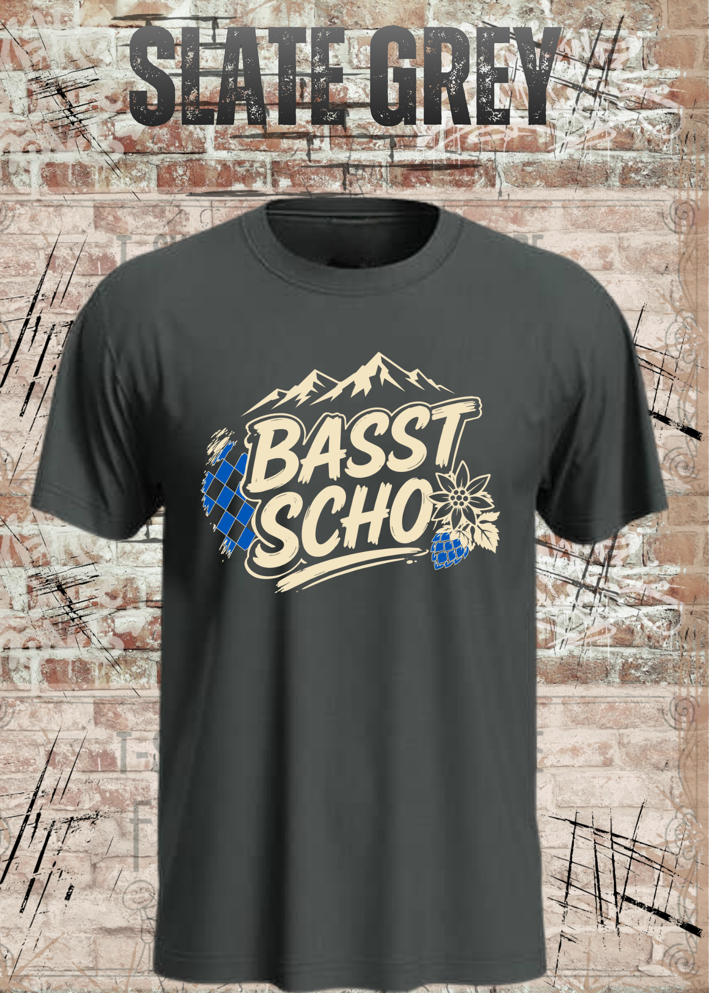 Basst scho – Bayerisches T-Shirt mit Bergen und Edelweiß