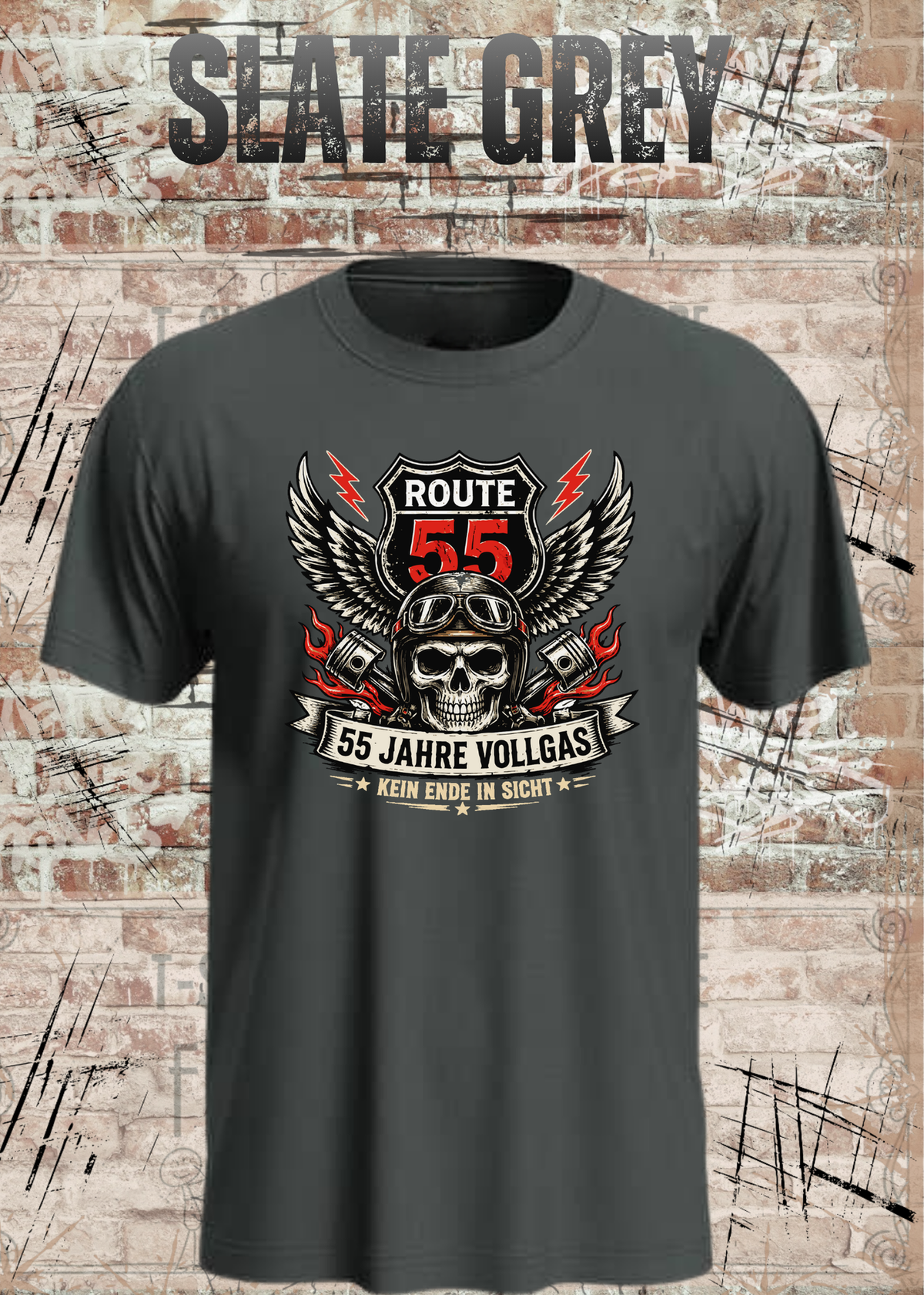 55 Jahre Vollgas T-Shirt – Route 55 in Slate Grey.