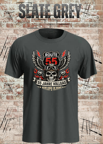 55 Jahre Vollgas T-Shirt – Route 55 in Slate Grey.