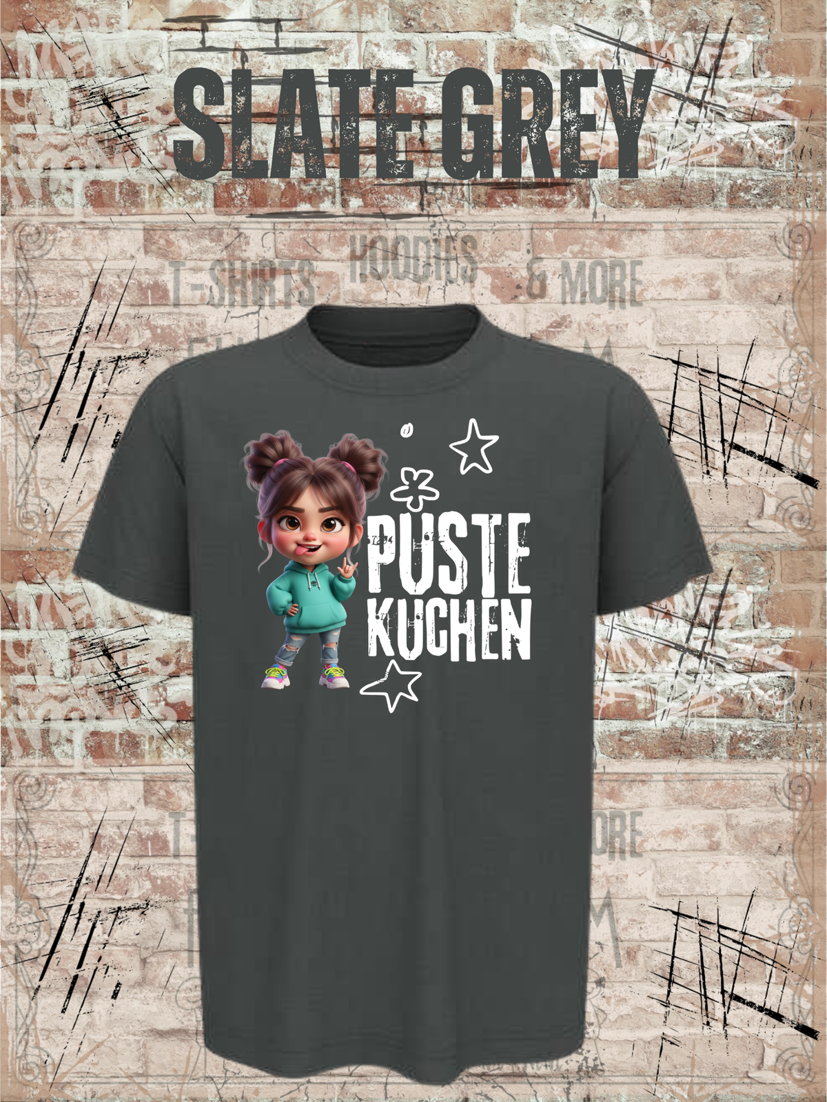 Kinder-T-Shirt „Pustekuchen!“ in Slate Grey.