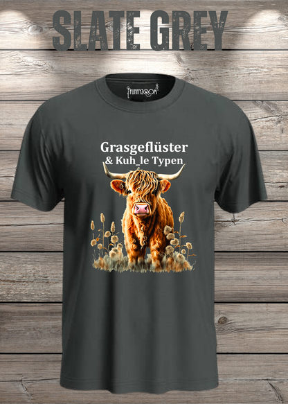 Unisex-T-Shirt „Grasgeflüster & Kuh_le Typen“ in Slate Grey.