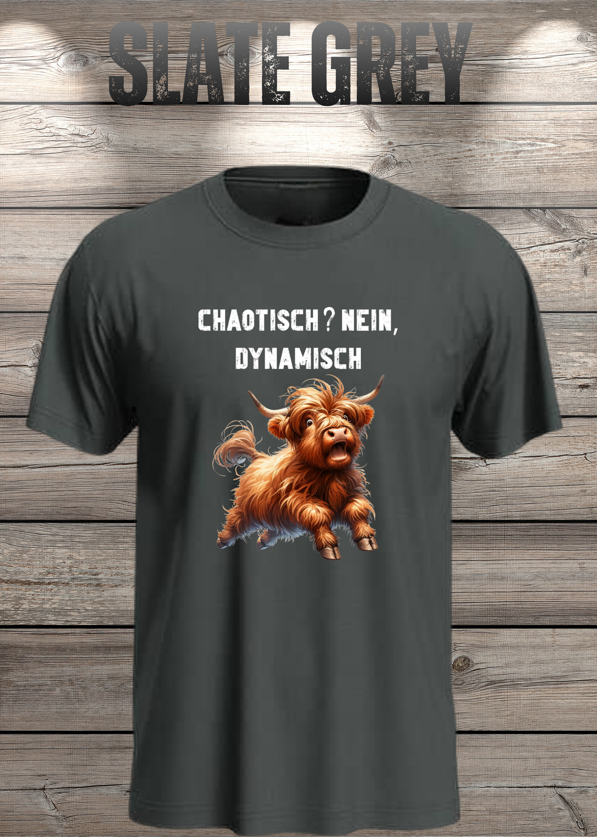 Unisex-T-Shirt „Chaotisch? Nein, dynamisch!“ in Slate Grey.