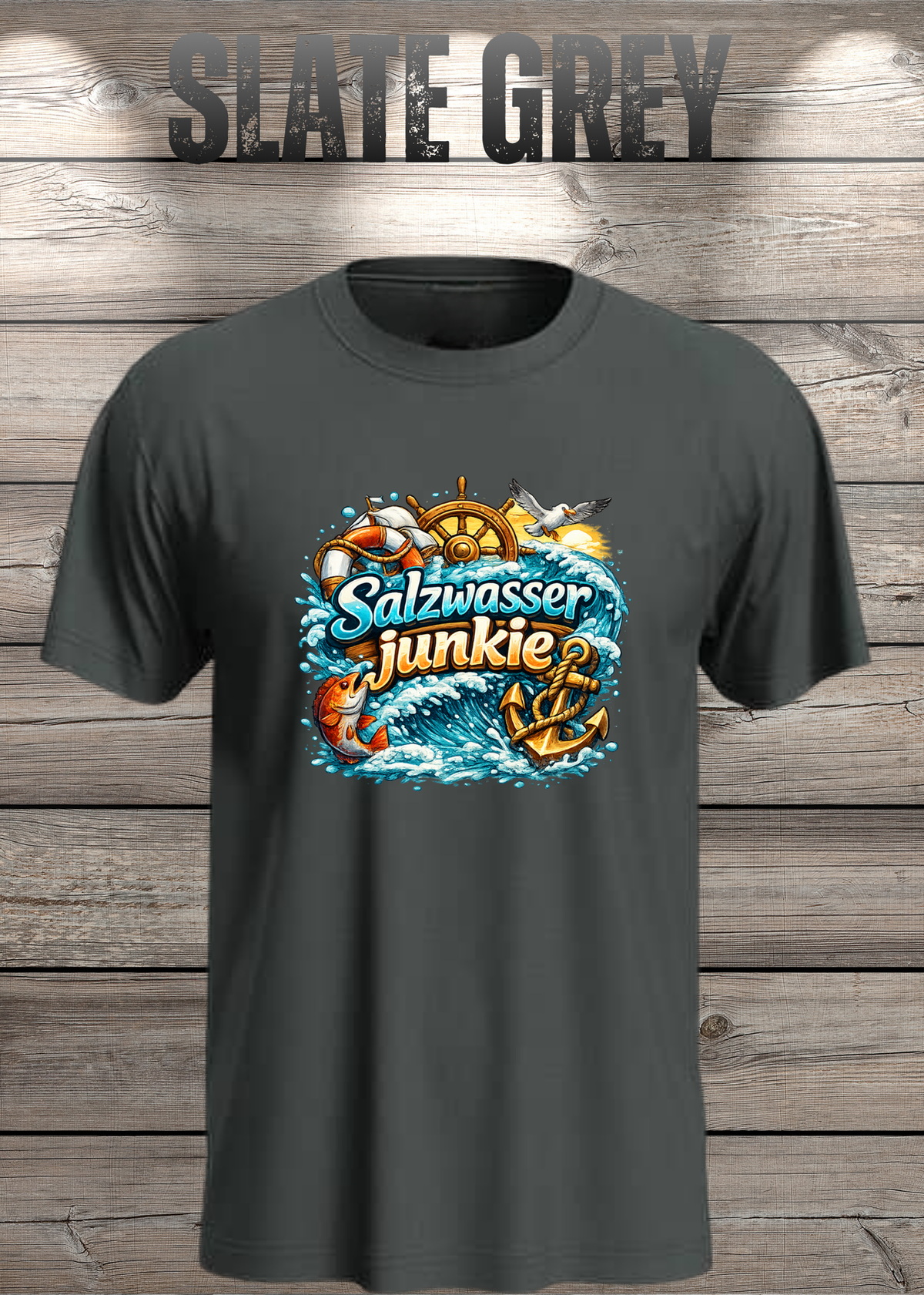 Salzwasser-Junkie Unisex T-Shirt in Slate Grey.