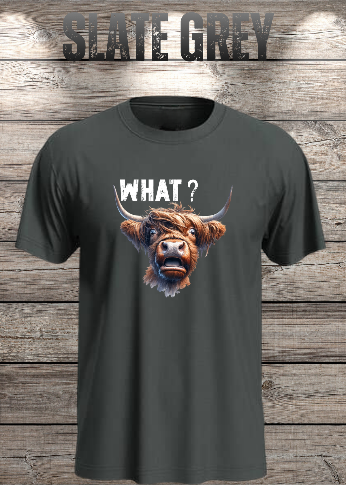 Unisex-T-Shirt „WHAT?“ in Slate Grey.