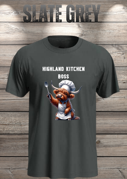 Unisex-T-Shirt „Highland Kitchen Boss“ in Slate Grey.
