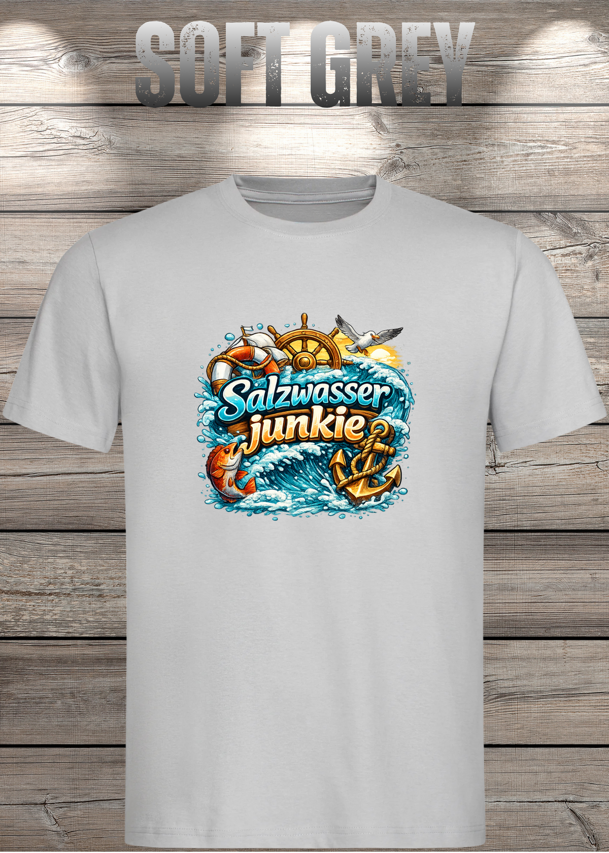 Salzwasser-Junkie Unisex T-Shirt in Soft Grey.