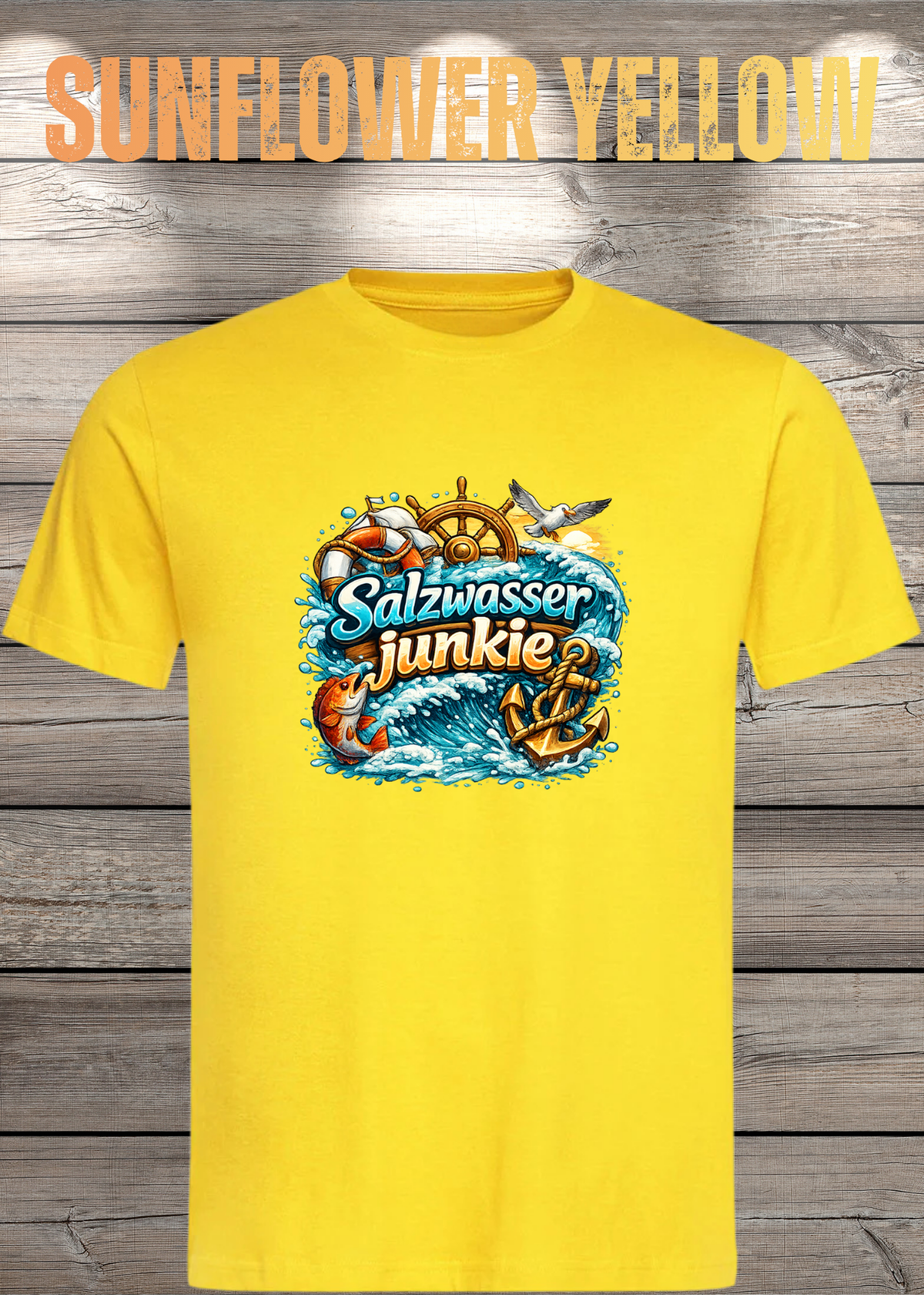 Salzwasser-Junkie Unisex T-Shirt in Sunflower Yellow.