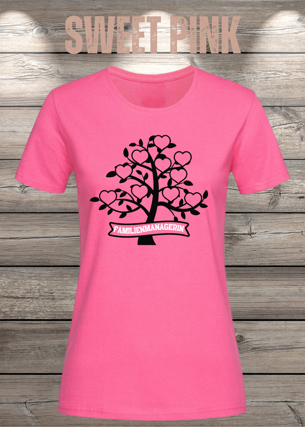 Familienmanagerin T-Shirt Damen – Herzbaum in Sweet Pink.