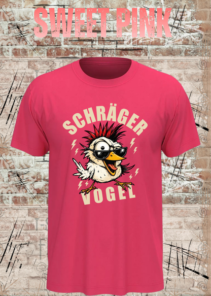 Unisex-T-Shirt „Schräger Vogel“ in Sweet Pink.