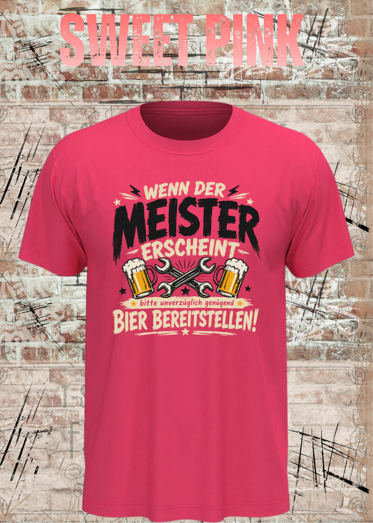 Herren-T-Shirt „Wenn der Meister erscheint – Bier bereitstellen“ in Sweet Pink.