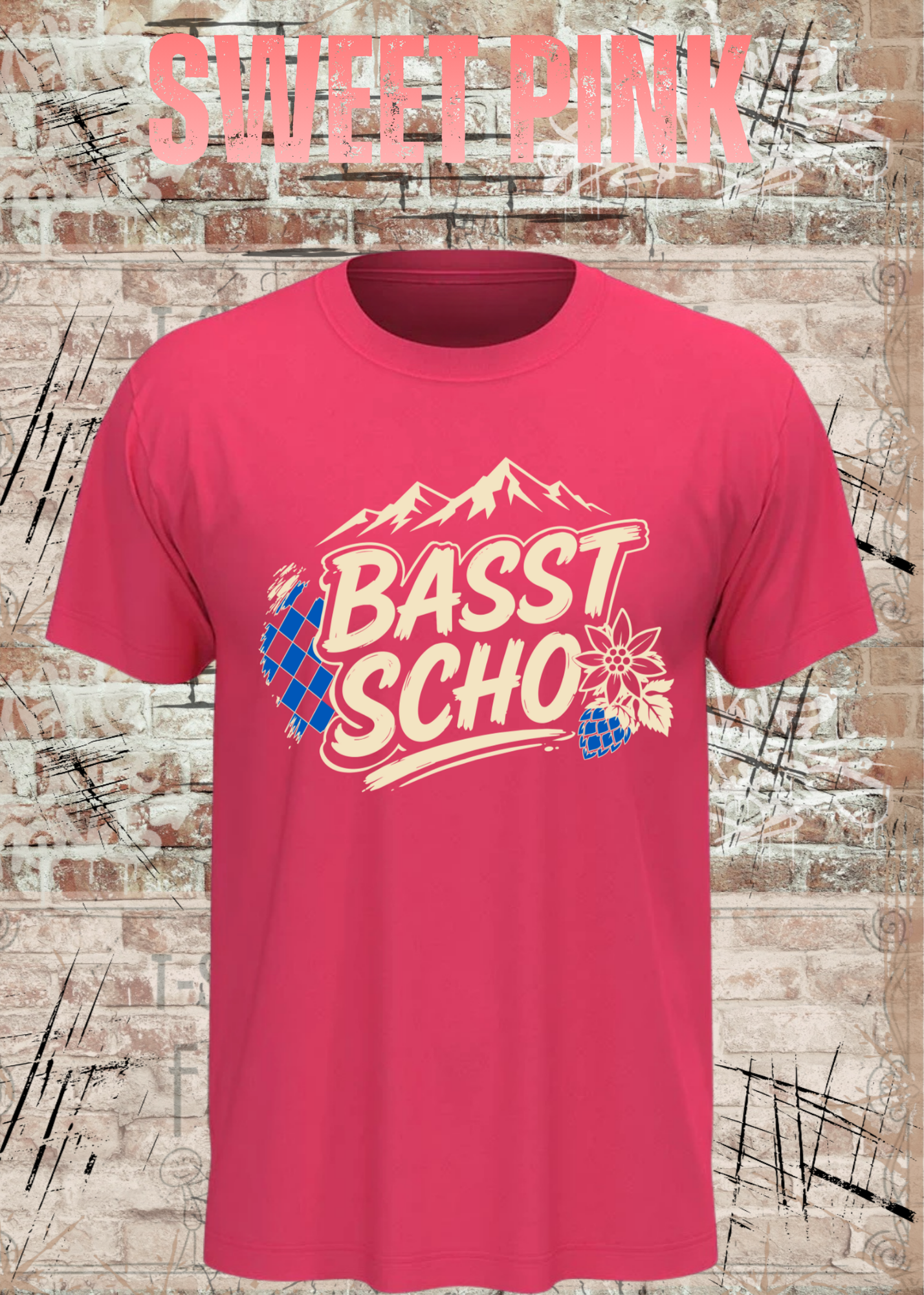 Basst scho – Bayerisches T-Shirt mit Bergen und Edelweiß