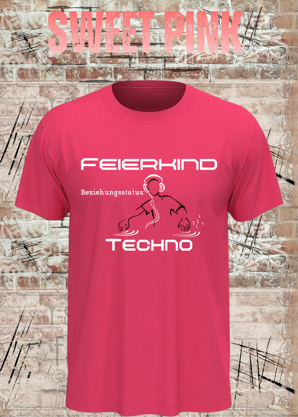 Feierkind Techno T-Shirt – Beziehungsstatus Techno in Sweet Pink.