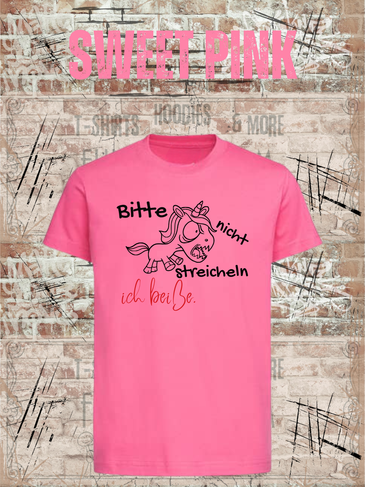 Kinder T-Shirt Einhorn bitte nicht streicheln, ich beiße Witziges Kids T-Shirt in Sweet Pink.