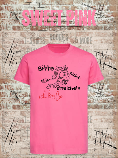 Kinder T-Shirt Einhorn bitte nicht streicheln, ich beiße Witziges Kids T-Shirt in Sweet Pink.