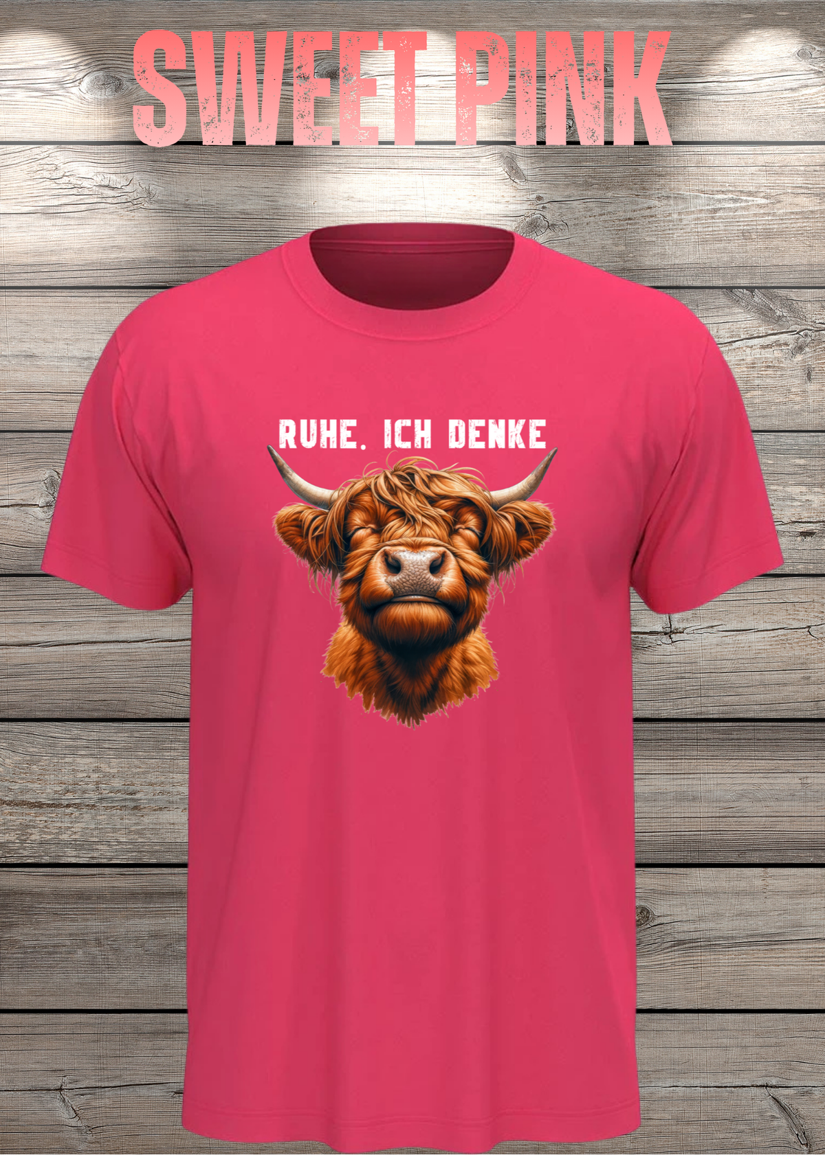 Unisex-T-Shirt „Ruhe. Ich denke“ in Sweet Pink.