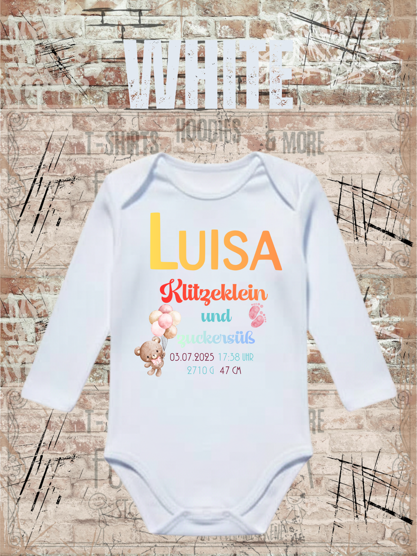 Baby Body Klitzeklein und Zuckersüß Personalisierbar mit Namen, Geburtsdatum, Größe & Gewicht
