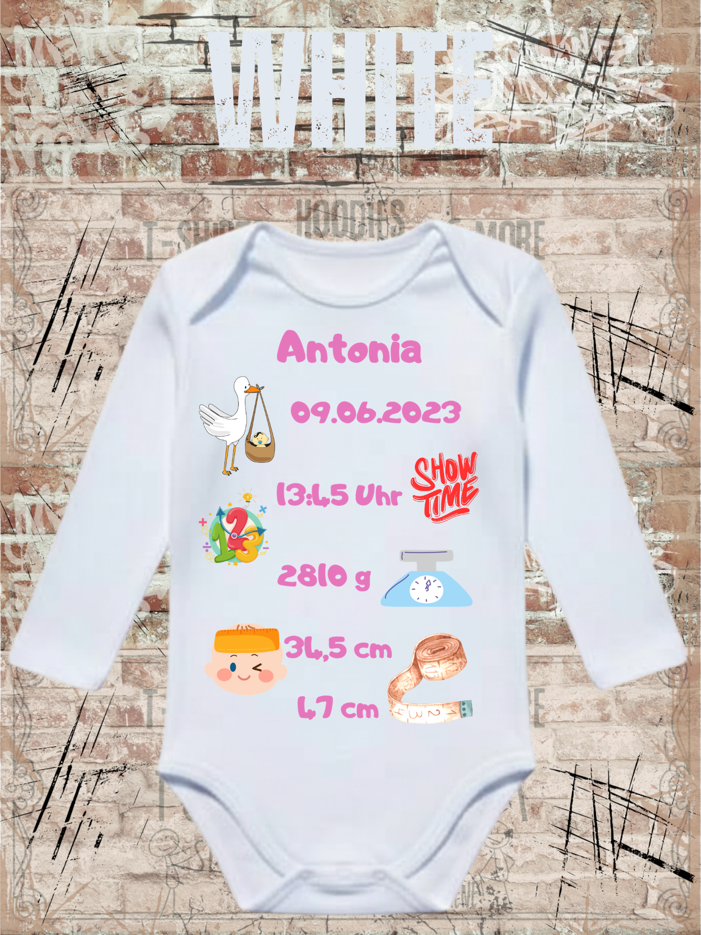 Baby Body Personalisierbar - Name, Geburtsdatum, Groesse & Gewicht - Newborn Geschenk