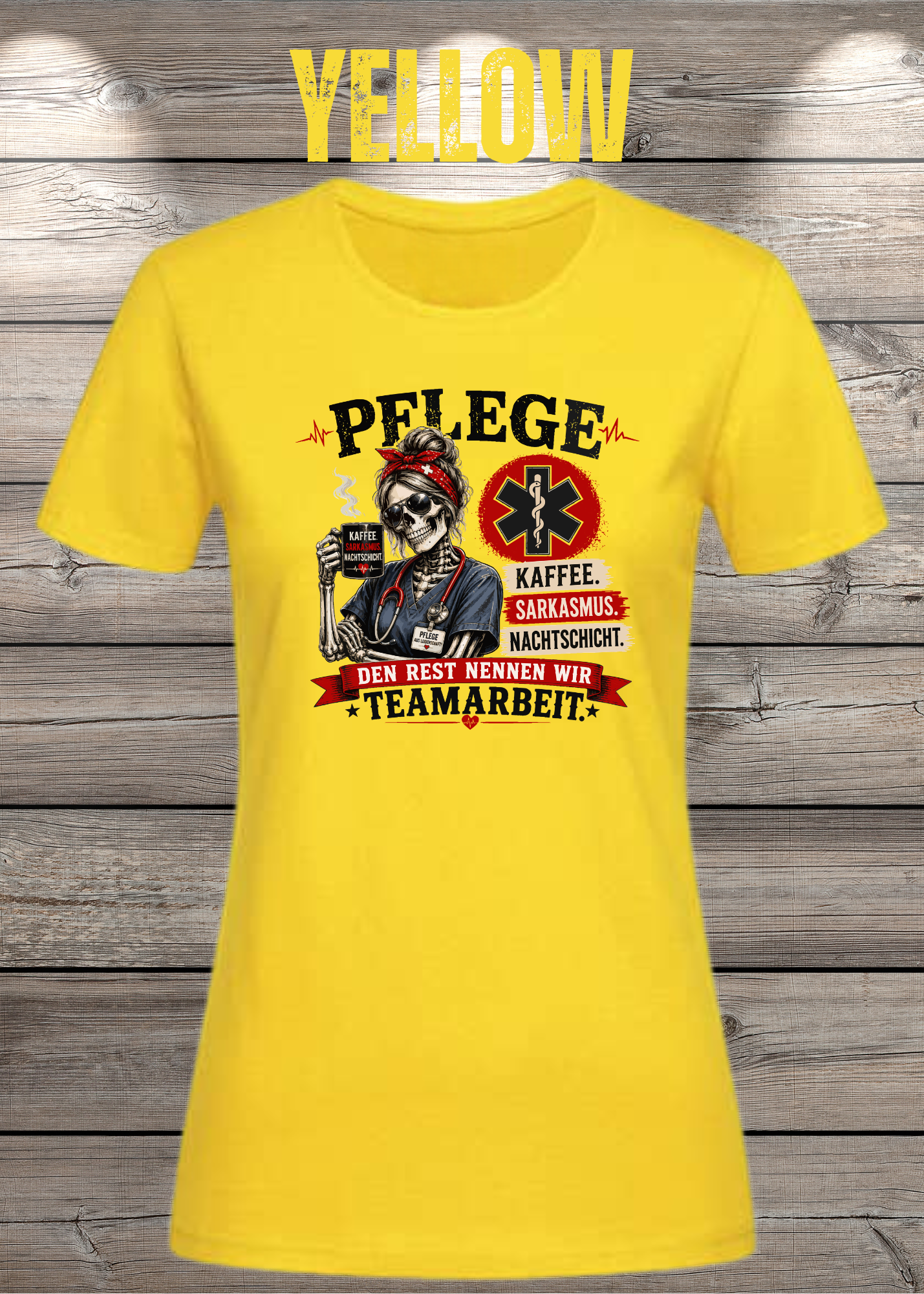 Pflege Damen T-Shirt – Kaffee, Sarkasmus, Nachtschicht – Den Rest nennen wir Teamarbeit