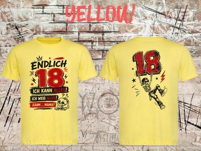 Unisex-T-Shirt „Endlich 18 – Ich kann alles, ich weiß alles“ in Yellow, Vorder- und Rückseite.
