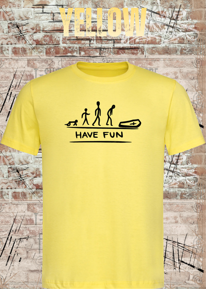 Have Fun Evolution Herren Damen Unisex T-Shirt in Yellow.
