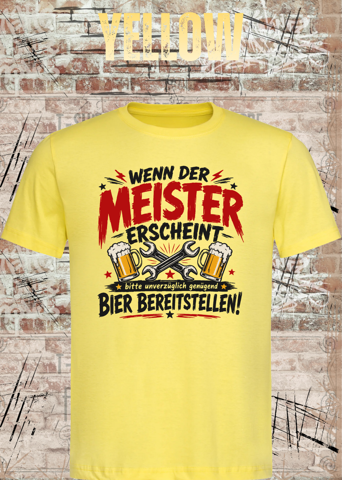Herren-T-Shirt „Wenn der Meister erscheint – Bier bereitstellen“ in Yellow.