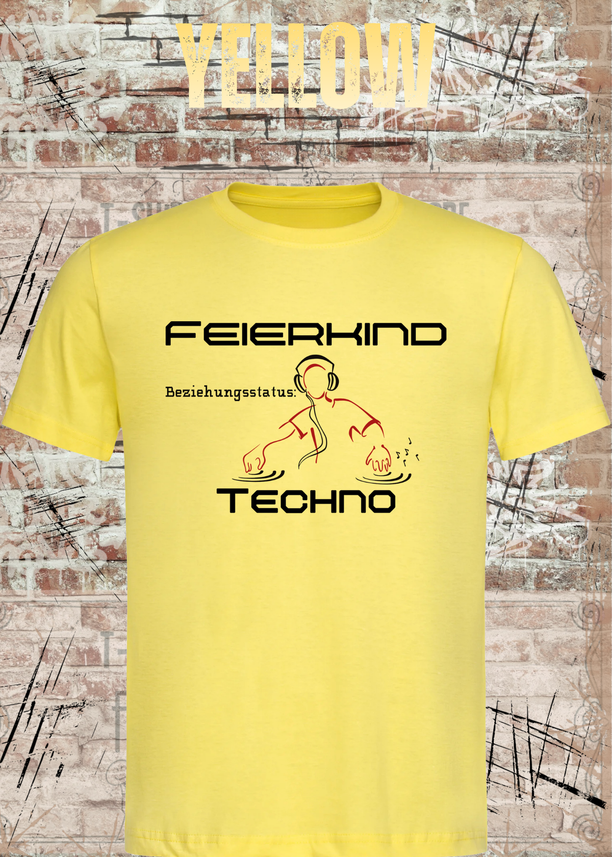 Feierkind Techno T-Shirt – Beziehungsstatus Techno in Yellow.