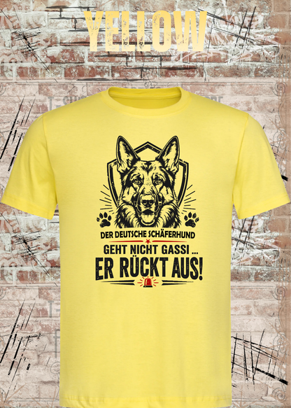 Schäferhund T-Shirt „Er rückt aus“ – Hundeshirt