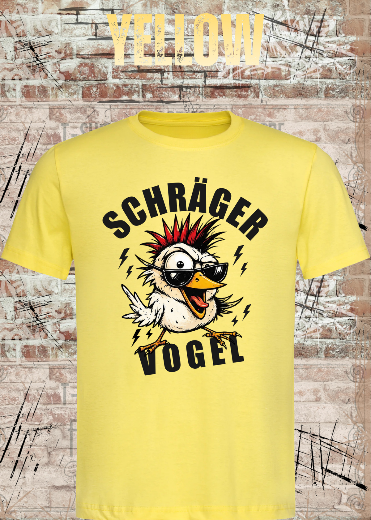 Unisex-T-Shirt „Schräger Vogel“ in Yellow.