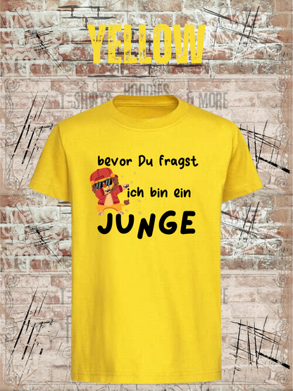 Kinder-T-Shirt „Bevor Du fragst – ich bin ein Junge!“ in Yellow.