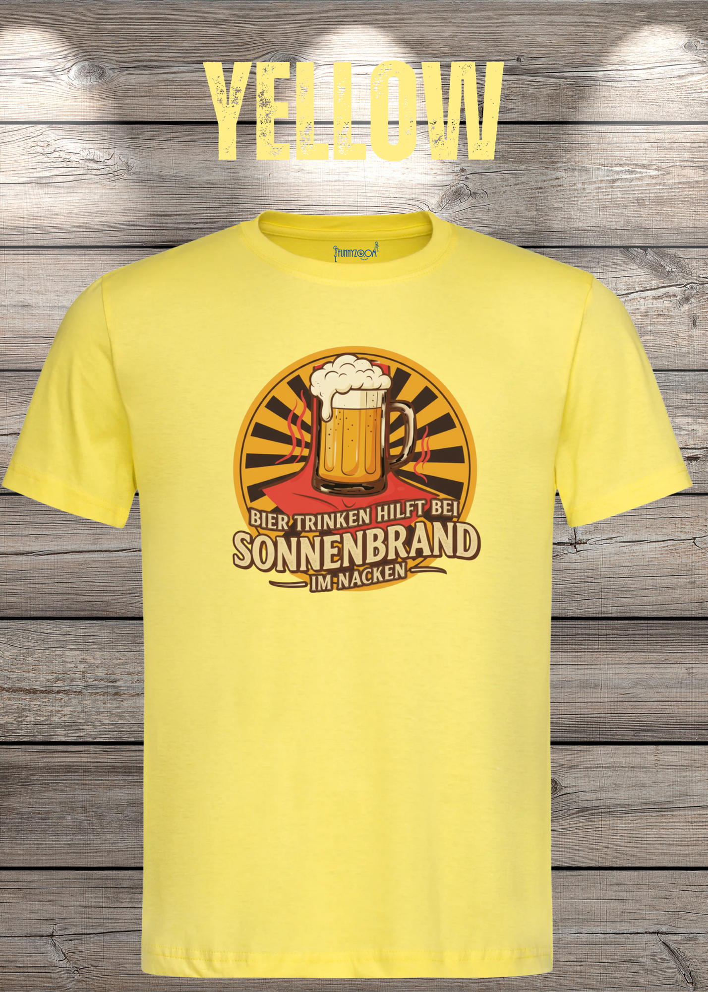 Yellow T Shirt Bier Trinken hilft bei Sonnenbrand im Nacken