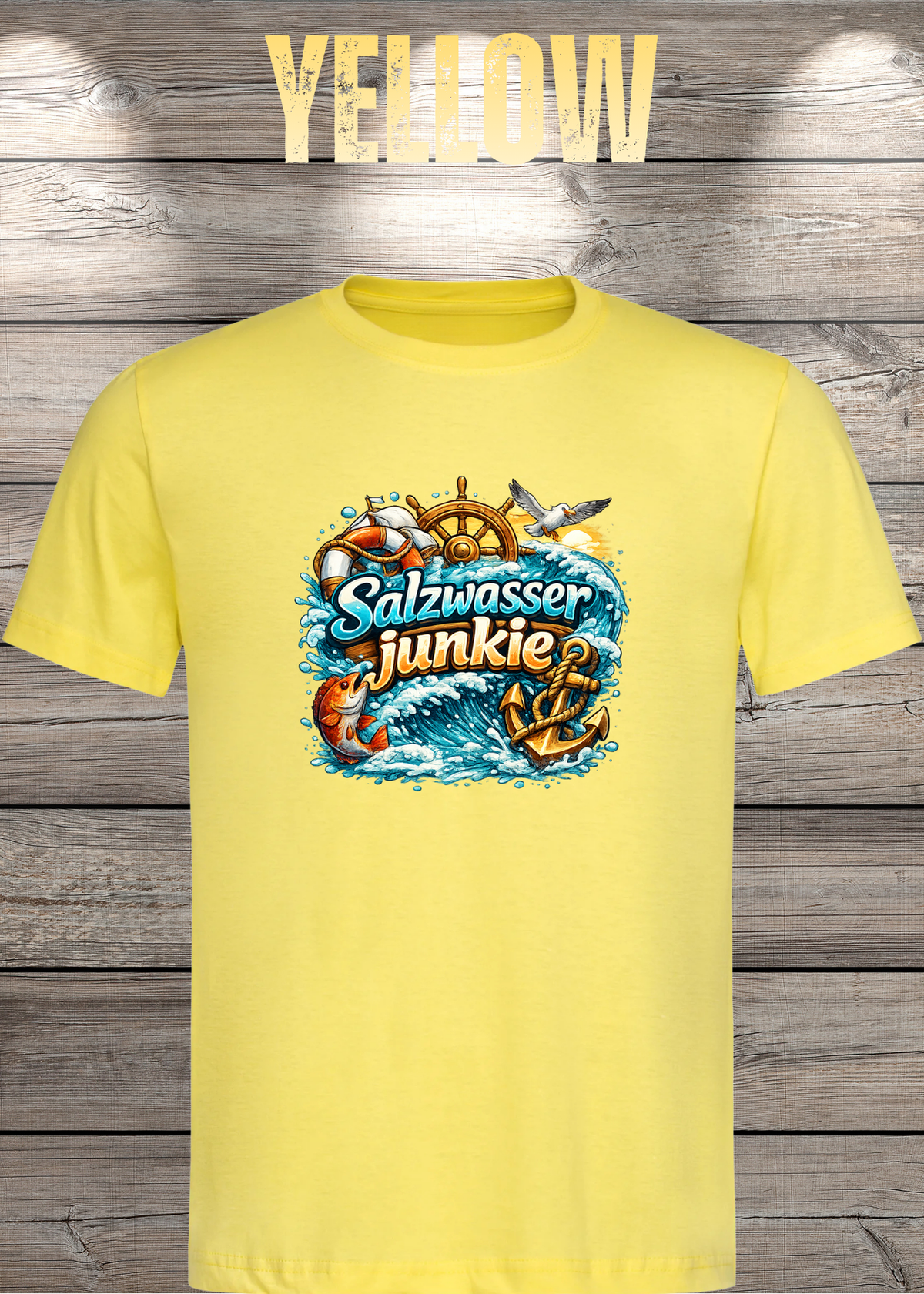 Salzwasser-Junkie Unisex T-Shirt in Yellow.